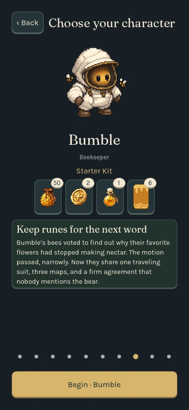 Bumble the Beekeeper on Hexicon’s character selection screen
