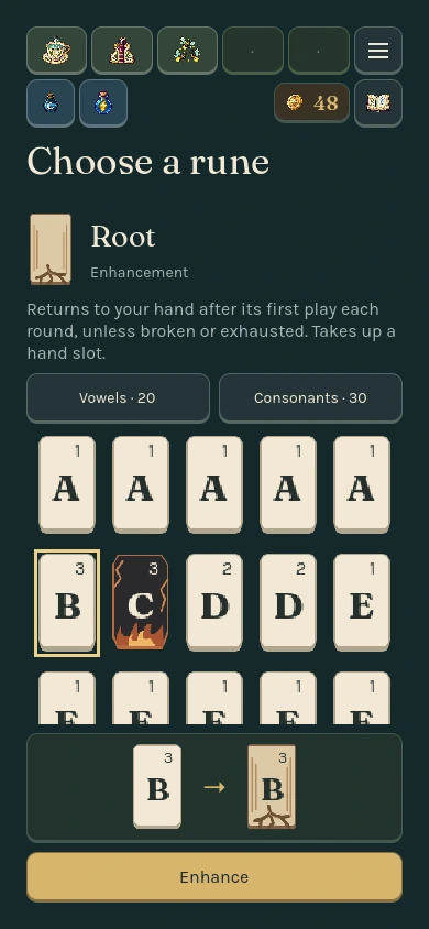 The current rune enhancement screen, choosing a rune to give Root