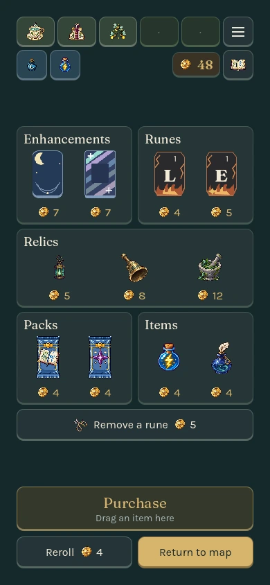 Hexicon’s shop with separate shelves for enhancements, runes, relics, packs, and items